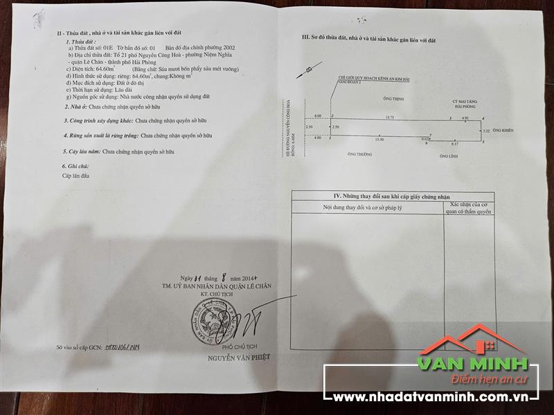 Chuyển nhượng lô đất mặt đường số 56 Nguyễn Công Hòa, phường Niệm Nghĩa, Lê Chân, Hải Phòng