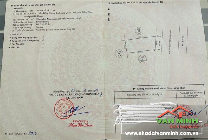Chuyển nhượng lô đất số 03 Lô LK1, khu Đống Hương 1, Quán Toan, Hồng Bàng, Hải Phòng
