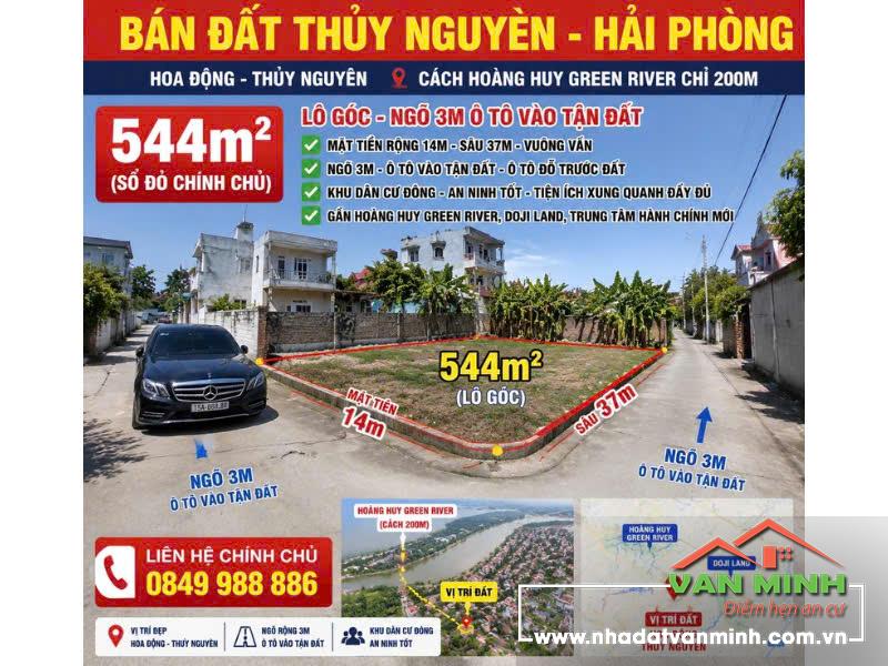 Chuyển nhượng lô đất thổ cư 544m2 - Lô góc tại Hoa Động, Thủy Nguyên, Hải Phòng