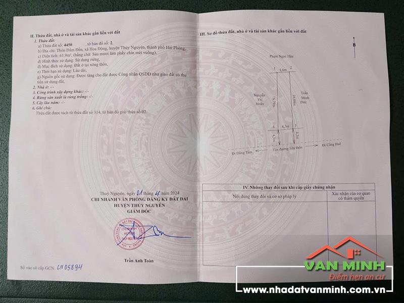 Chuyển nhượng lô đất Thổ cư mặt đường tại Thôn Đầm Đền, Hoa Động, Phường Thủy Nguyên, Hải Phòng