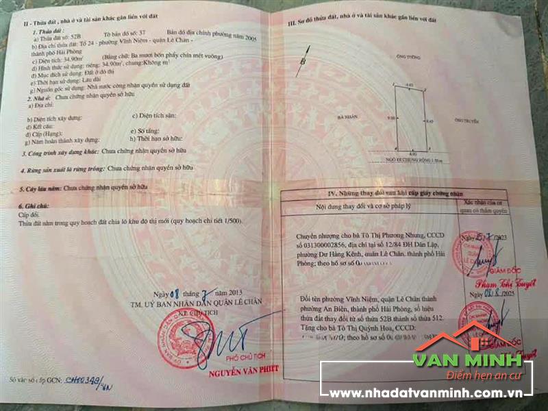 Chuyển nhượng lô đất Vĩnh Cát, Lê Chân, Hải Phòng